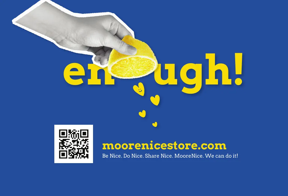 Secret Lemonade Recipe card, front — the enough! wordmark with a hand squeezing a lemon
